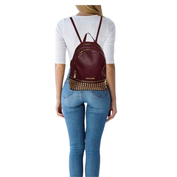 Michael Kors Rhea Women's Burgundy Gold Tone Leather Studded Backpack Size Small - Picture 1 of 13